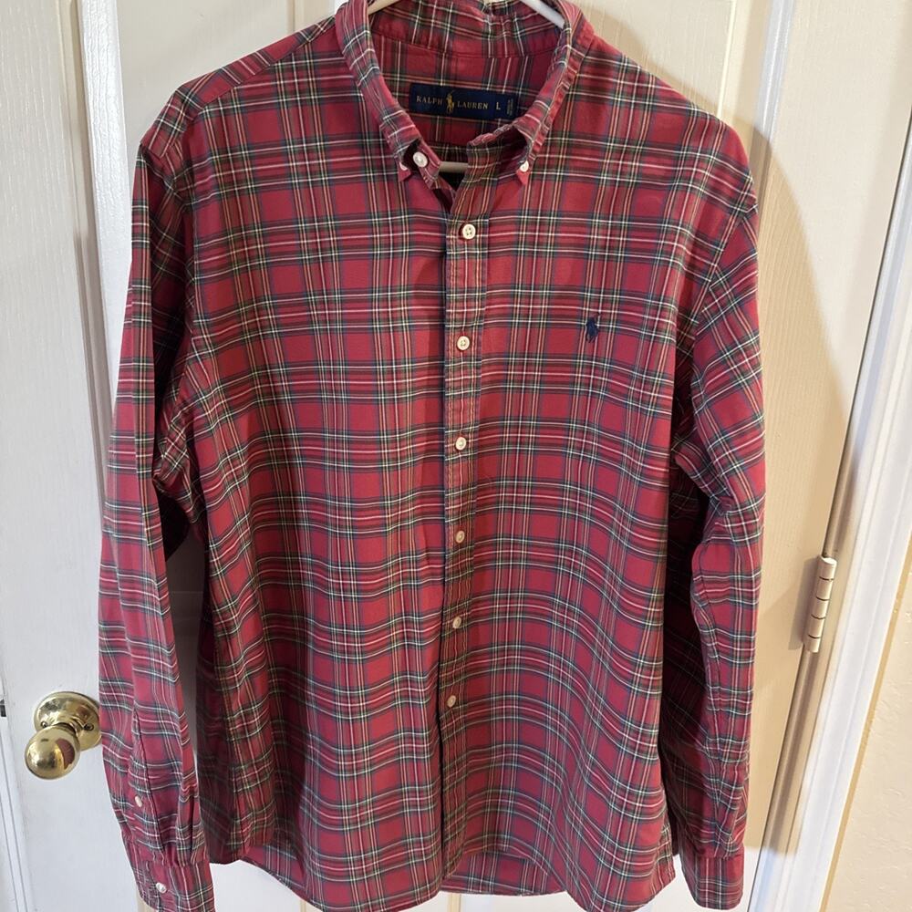 Ralph Lauren Blue Label Red Plaid Long Sleeve Button Down Men’s Shirt Size L